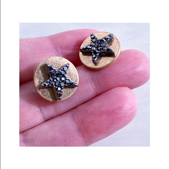 Earrings Star Round Disc Black Crystal Pave Golden - Picture 6 of 7